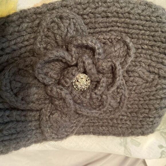 C.C Exclusives Gray Winter Headband with Rosette Flower Rhinestone Button - Picture 2 of 7